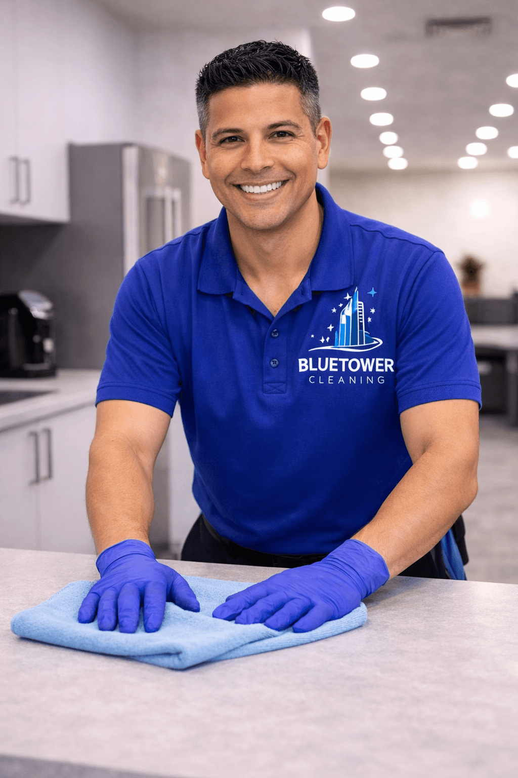 A modern brick house with a two-car garage, well-manicured lawn, and clear blue sky in the background.