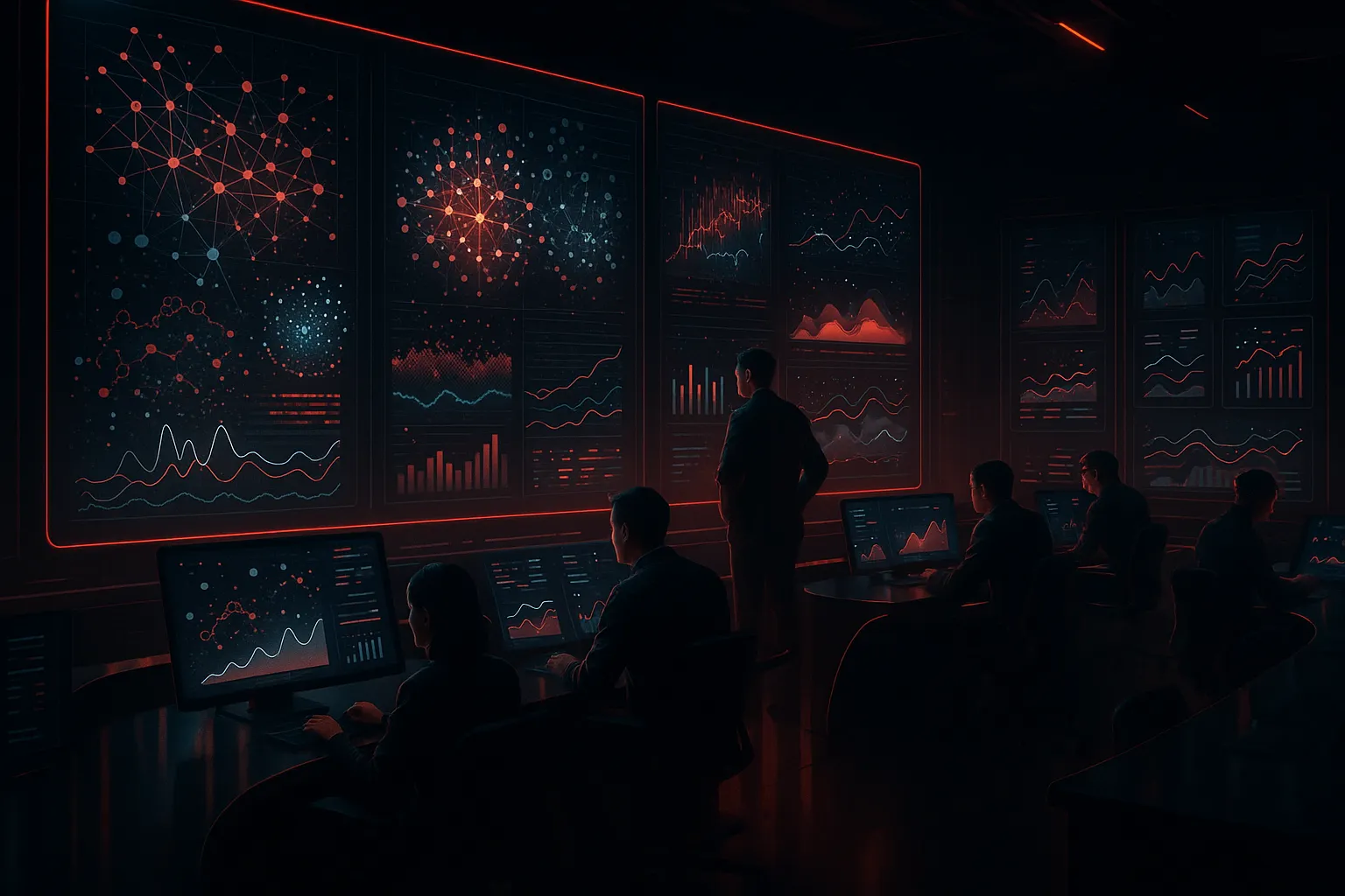 RockN' Socials team analyzing data on monitors; a digital marketing agency.