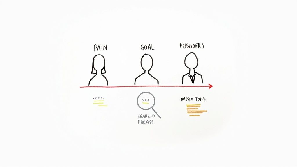 Customer journey diagram showing progression from pain point through goal to keywords with search intent