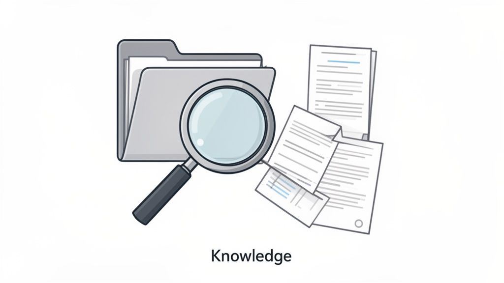 A magnifying glass inspecting a file folder with documents, symbolizing knowledge and information search.