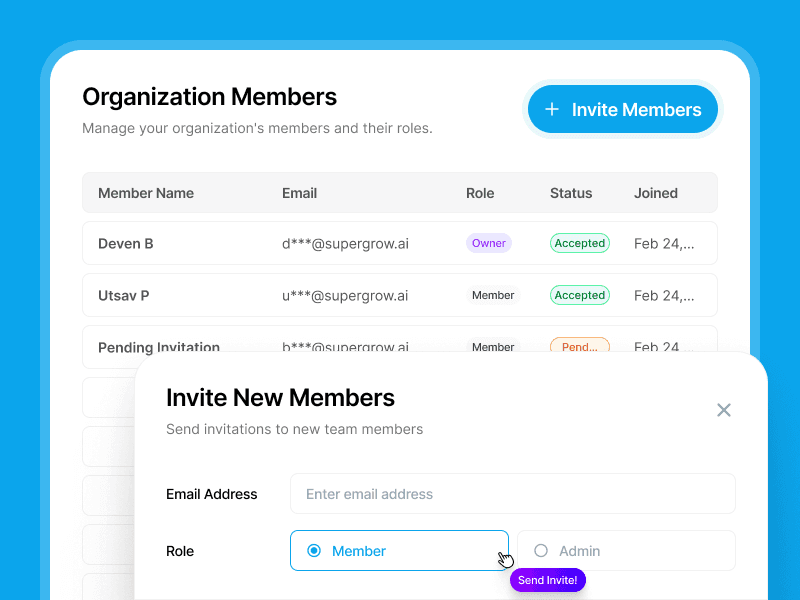 Member management dashboard showing team members, roles, and activity status
