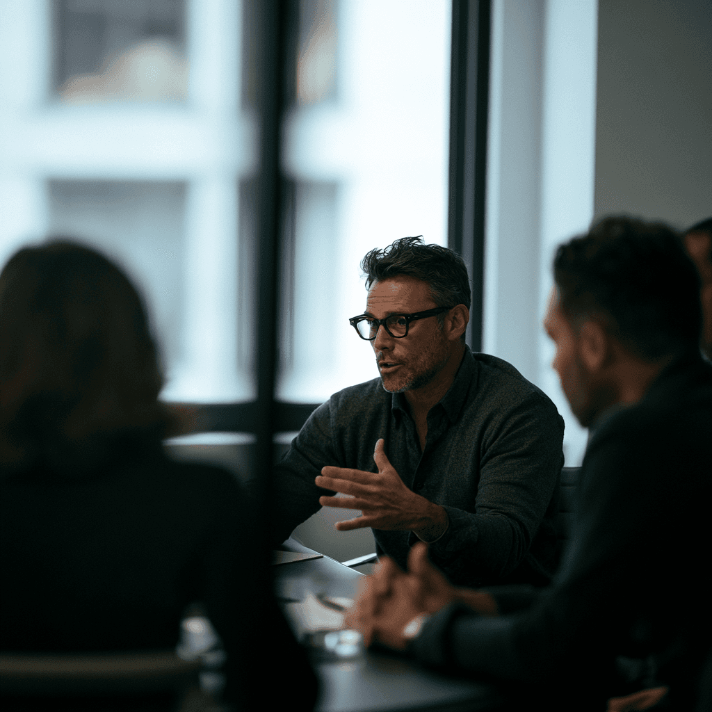 A man staying composed in a meeting room while a client criticizes his work in front of colleagues
