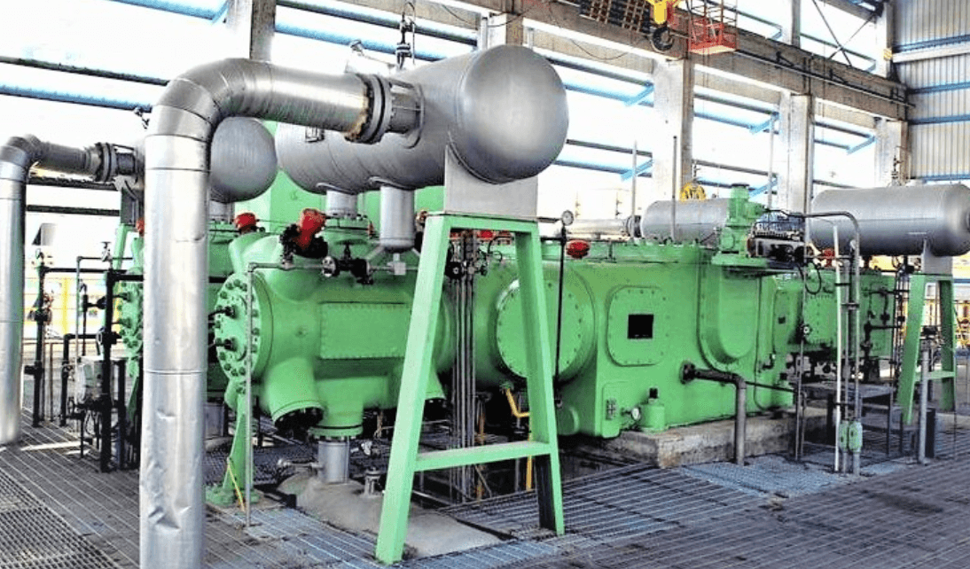 Multi-cylinder reciprocating compressor with visible crankcase and piston housings