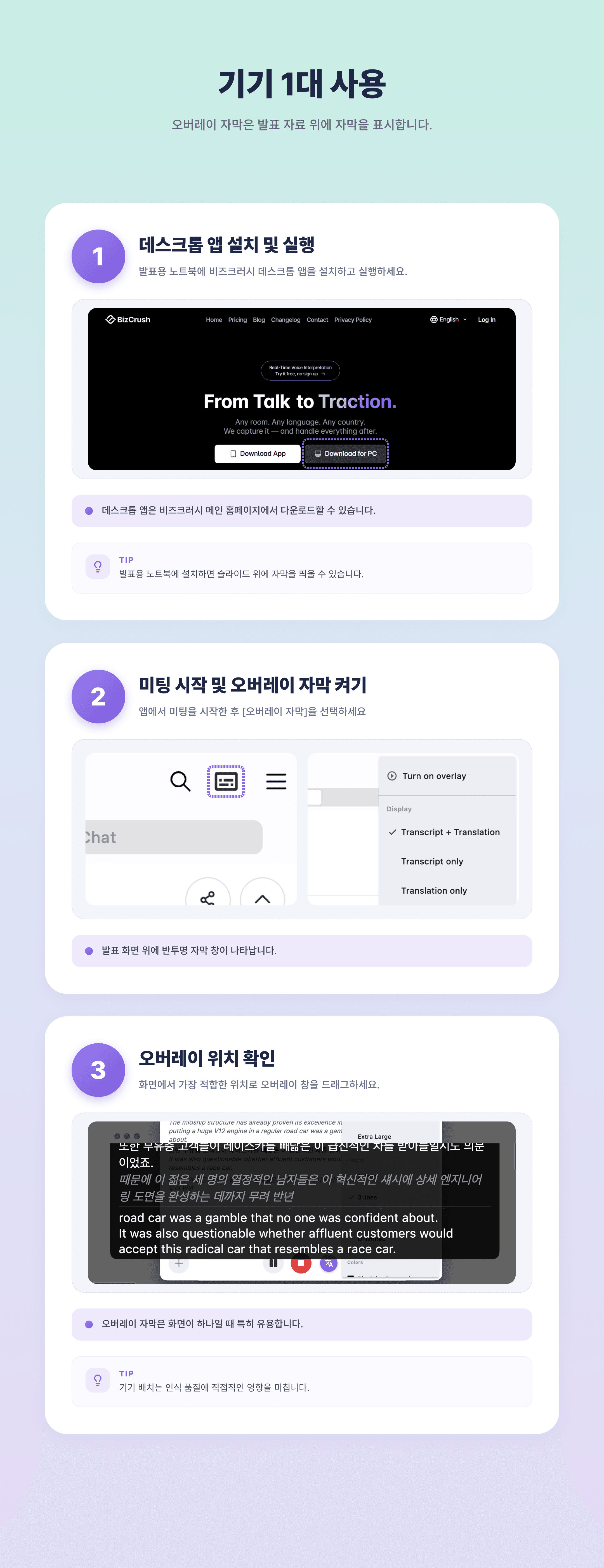 이미지 6 — 기기 1대 사용: 3단계 인포그래픽 ((1) 데스크톱 앱 설치 및 실행, (2) 미팅 시작 및 오버레이 자막 열기, (3) 오버레이 위치 확인)