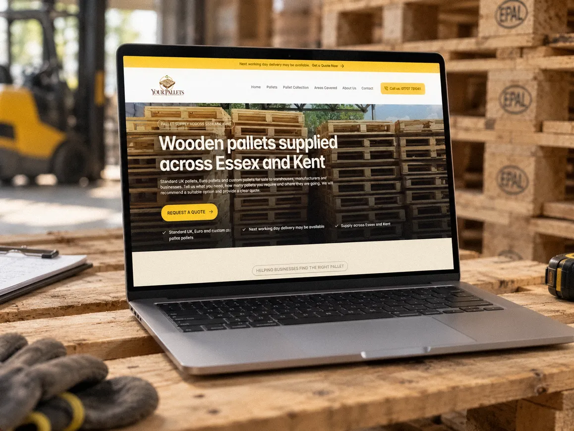 Your Pallets website displayed on a MacBook Pro in a warehouse