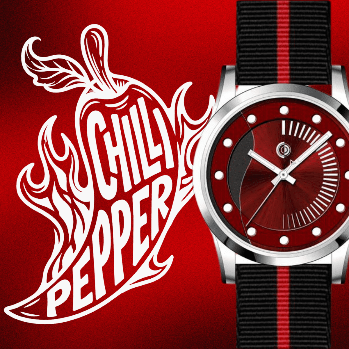 Offbeat automatic watch with red dial and striped strap beside chilli pepper logo on red background