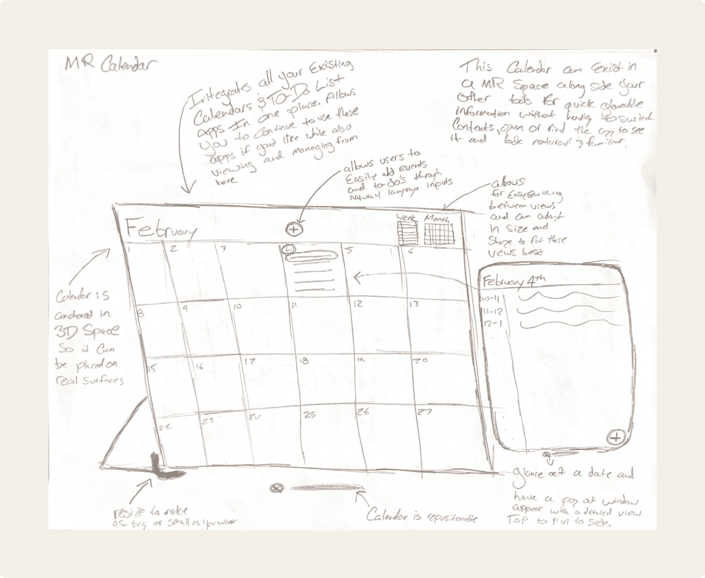 Initial Sketch of Mixed Reality Calendar with potetential features