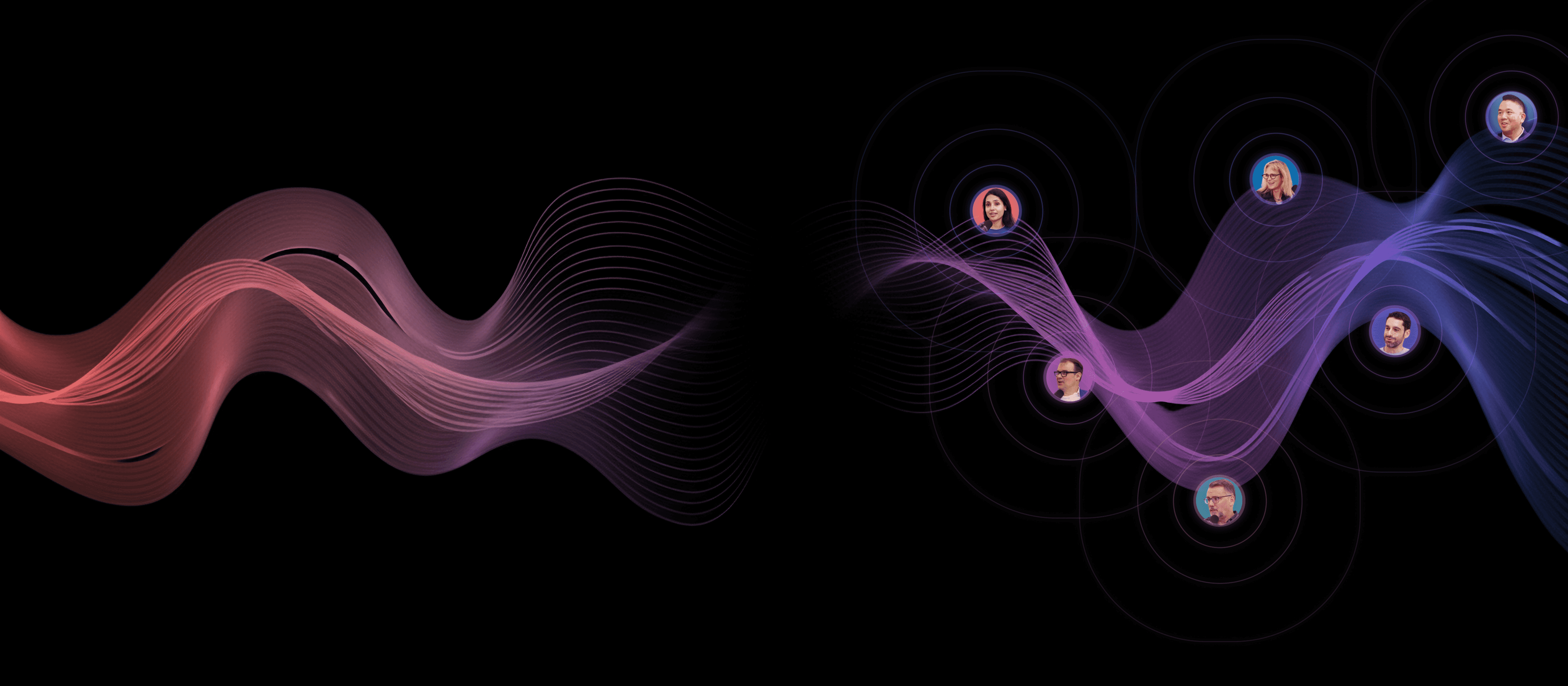 Dark audio wave background with circular speaker avatars, connected by echoing sound waves.