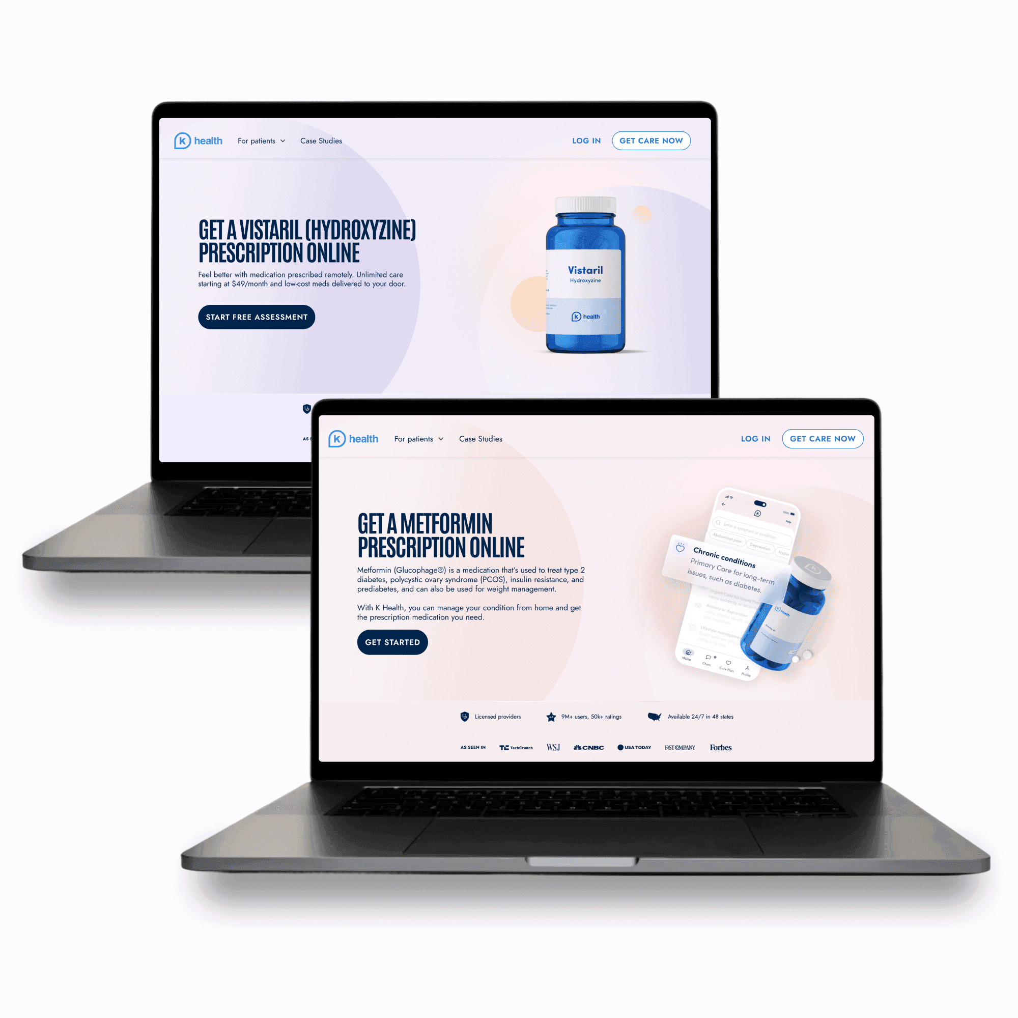 Two laptops displaying similar web pages with modern design and text, one in front of the other.