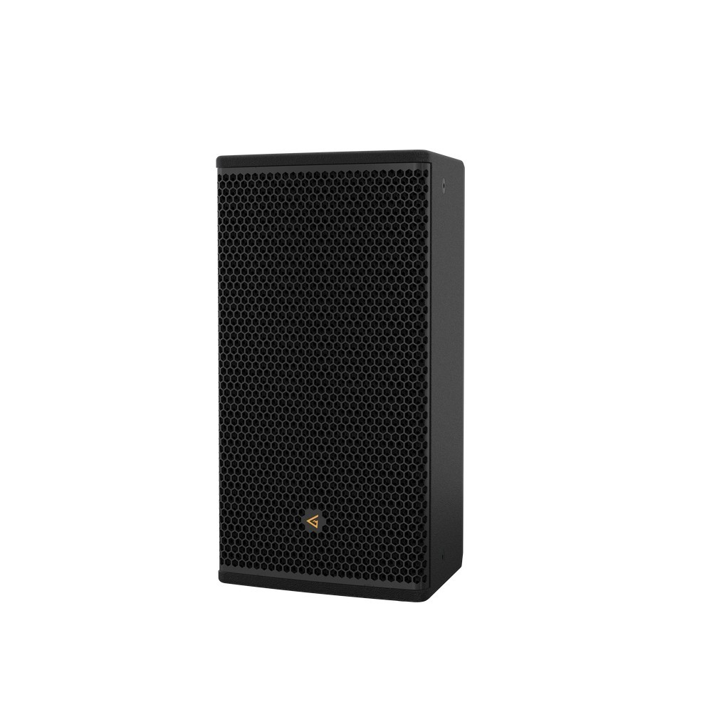 Black speaker with honeycomb grill and logo.