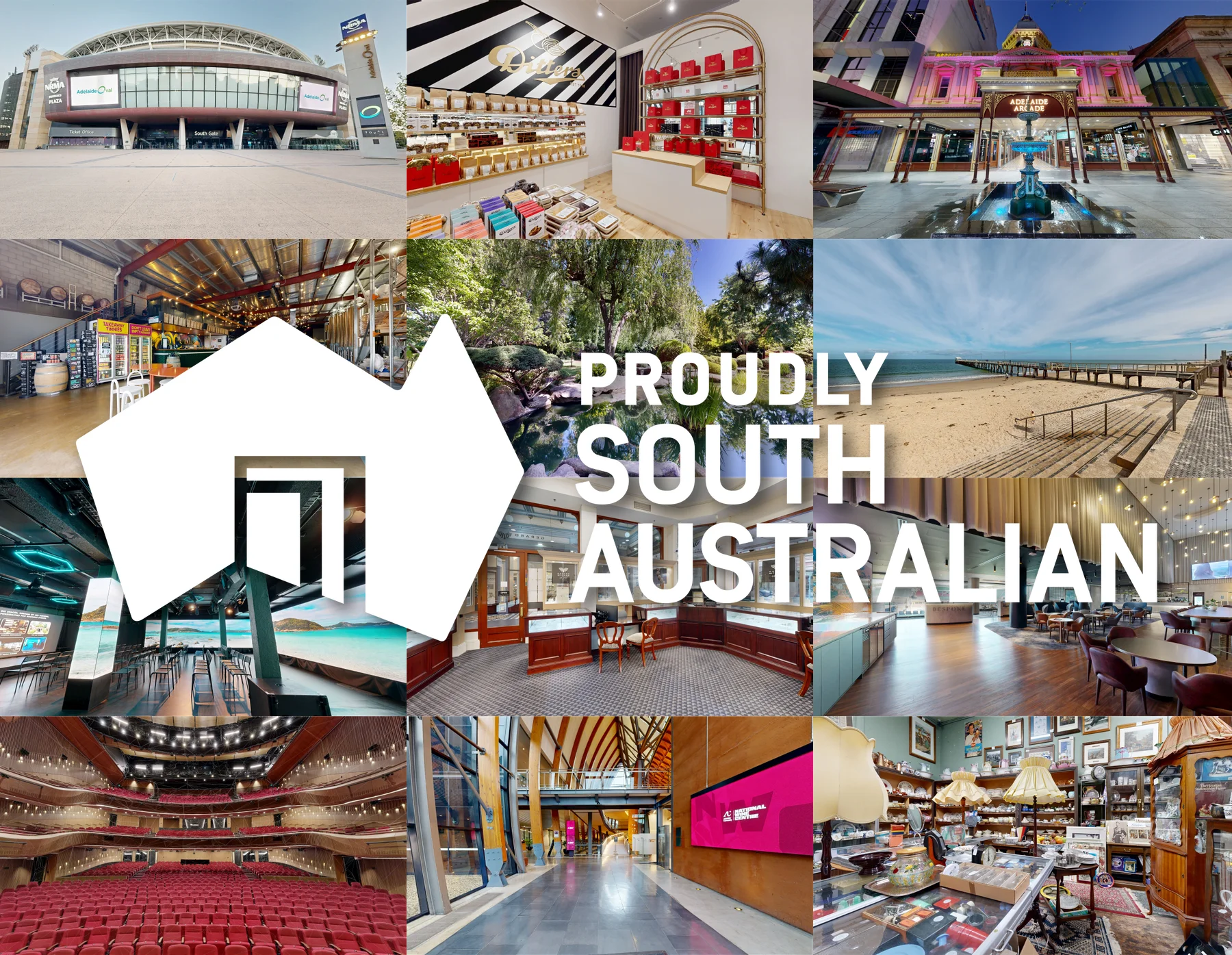 A collage of South Australian venues captured by ABM visual, including Adelaide Oval, Adelaide Arcade, Her Majesty's Theatre, the National Wine Centre and Adelaide Himeji Garden.
