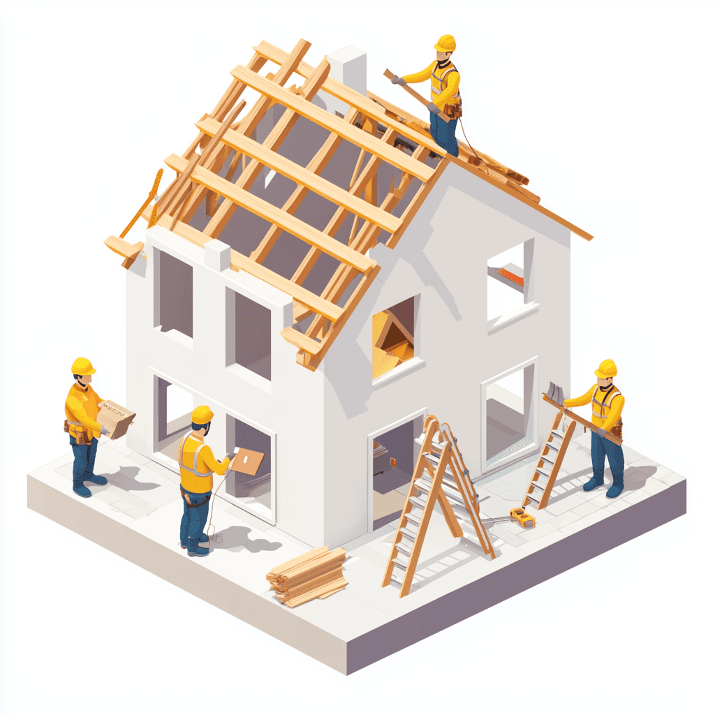 Illustration einer Haus Sanierung mit Bauarbeitern