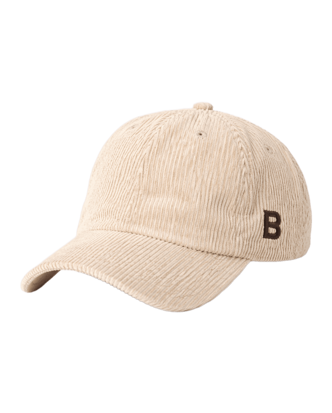 Beige corduroy cap with a black letter 'B' on a white background