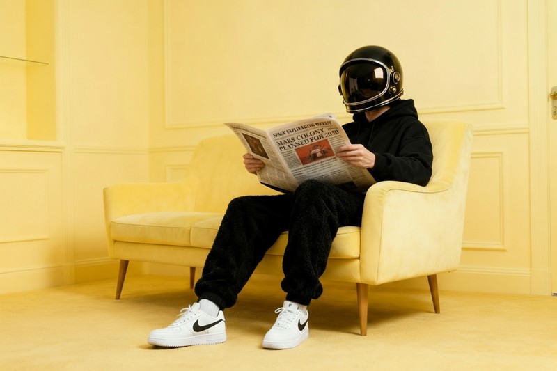 Astronaut sitzt entspannt in einem auffällig gelben Raum mit einer Zeitung in der Hand.
