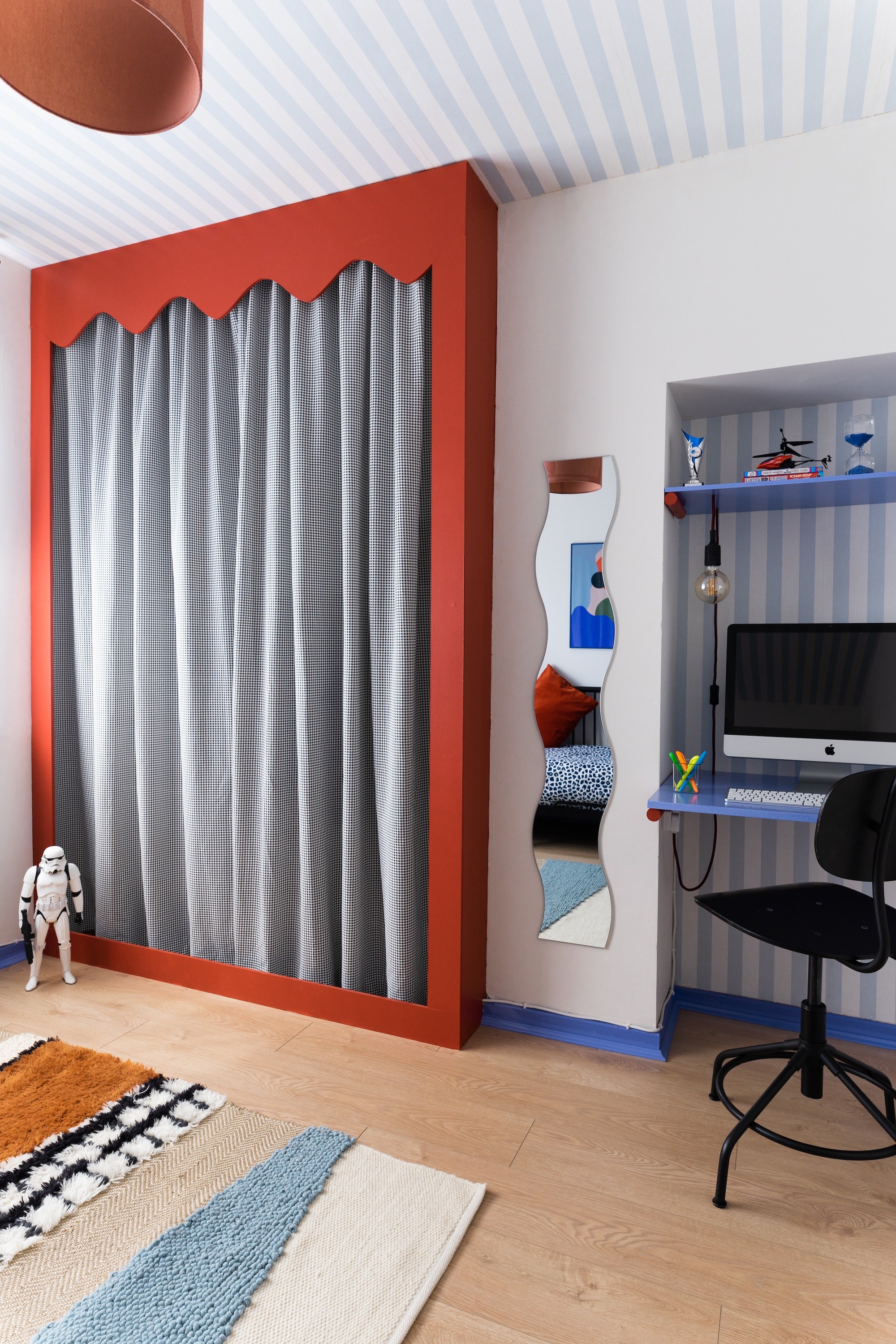 After: bedroom redesigned by Atelier Akuko with bold colour, pattern and playful details