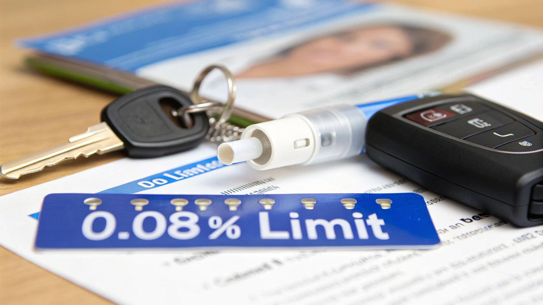 Car keys, remote, and breathalyzer mouthpiece alongside a 0.08% alcohol limit sign.