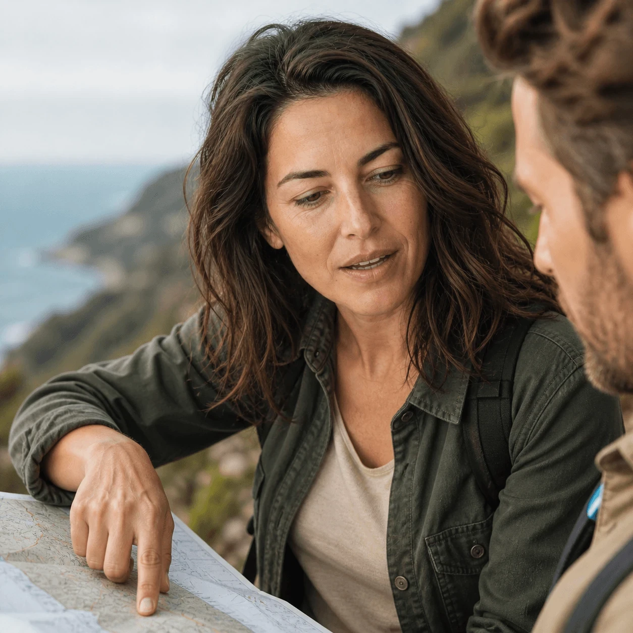 Participante étudiant une carte au bord de la mer.