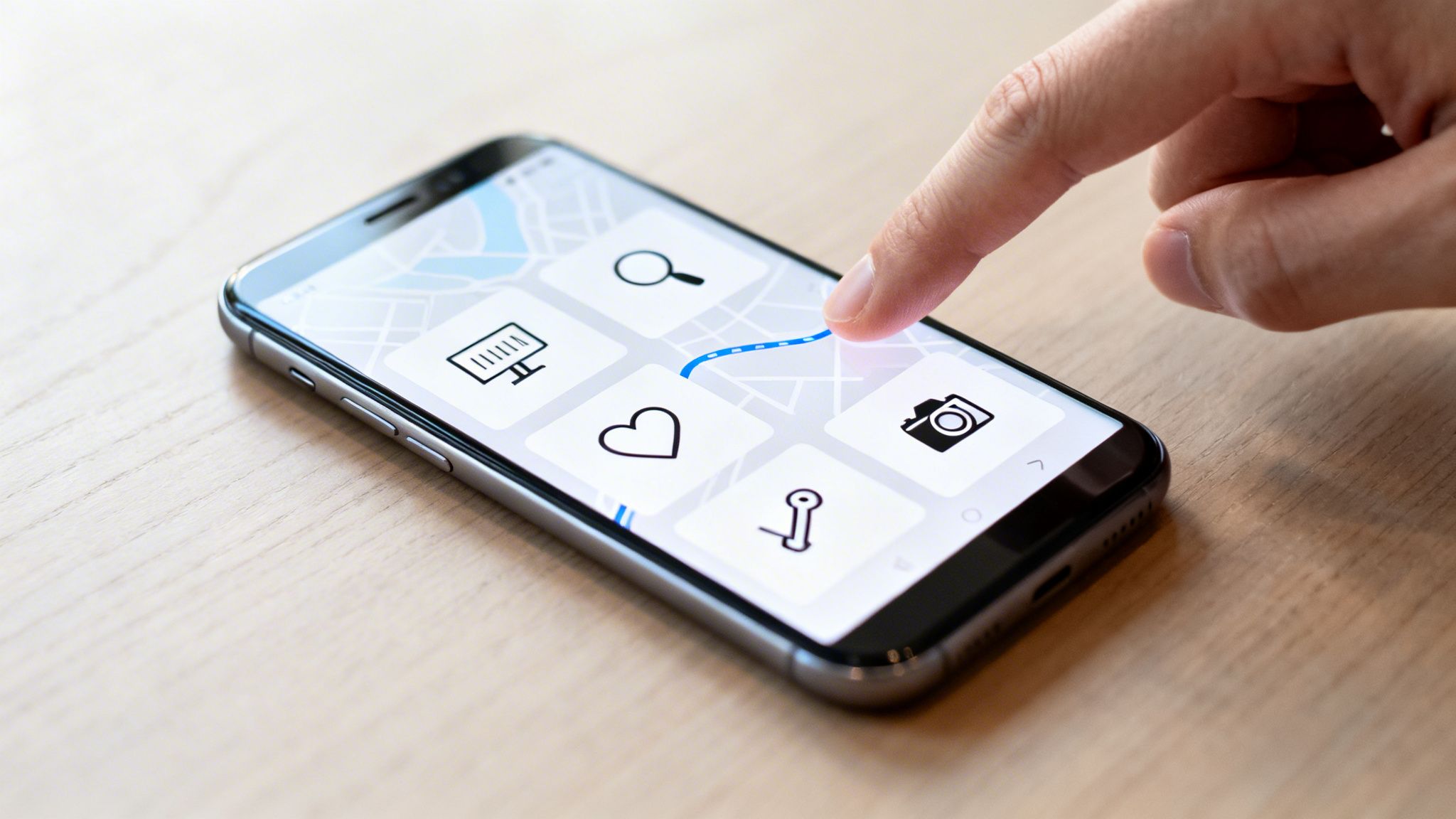 A hand interacts with a smartphone showing a map, a route, and various app icons.