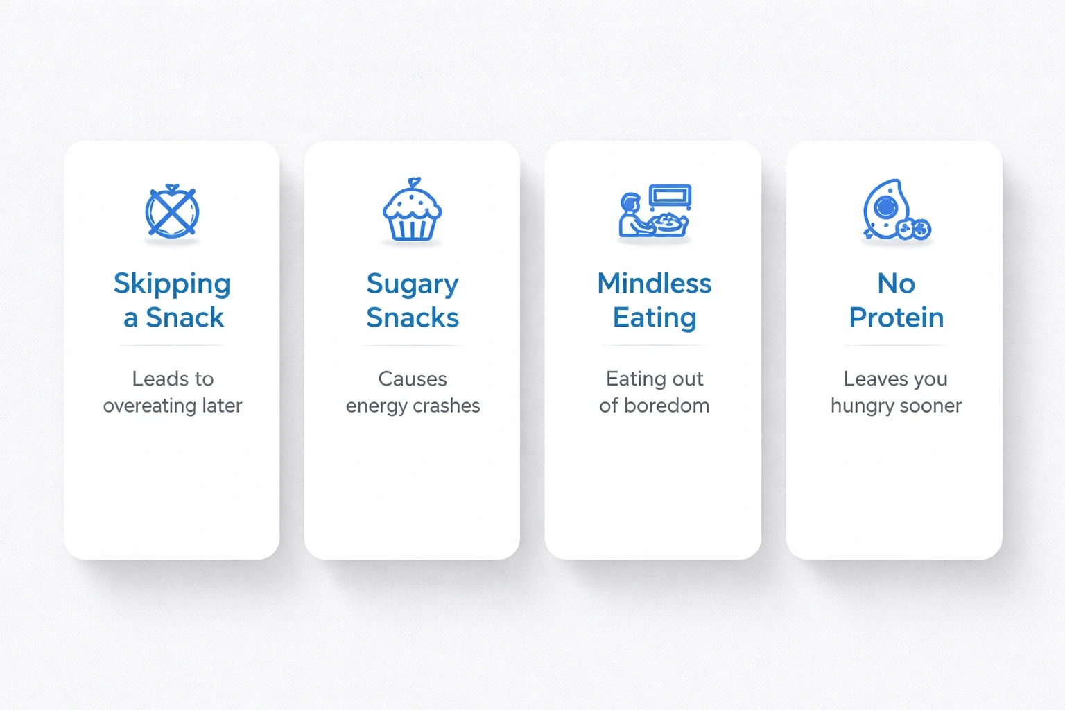 Modern card layout on light gray background showing snack mistake headings in blue with icons and explanatory text.