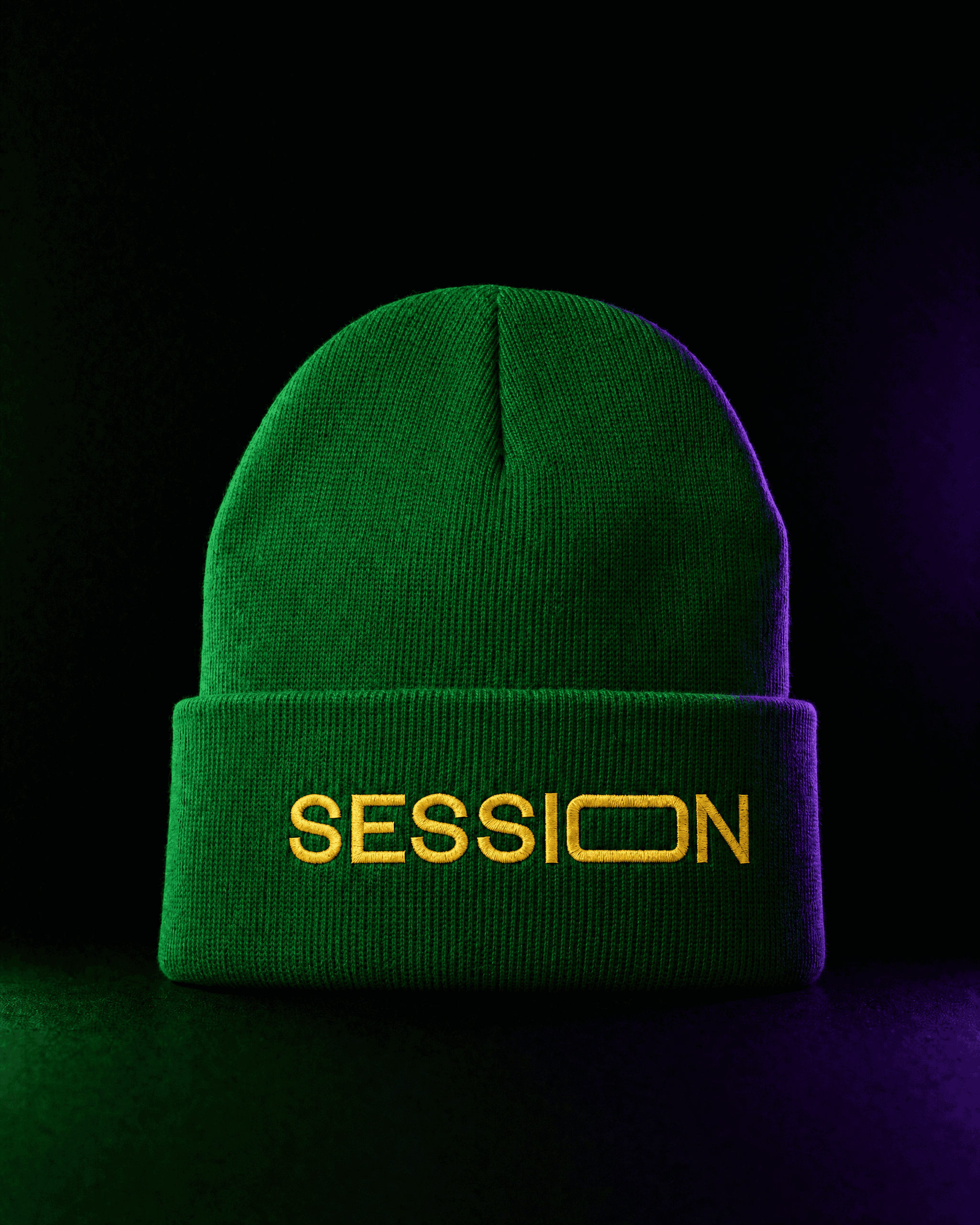 Green Session Zone cuffed beanie with yellow SESSION lettering on the front.