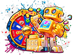 All-in-one entertainment experience, robot character with prize wheel showcasing various casino game options
