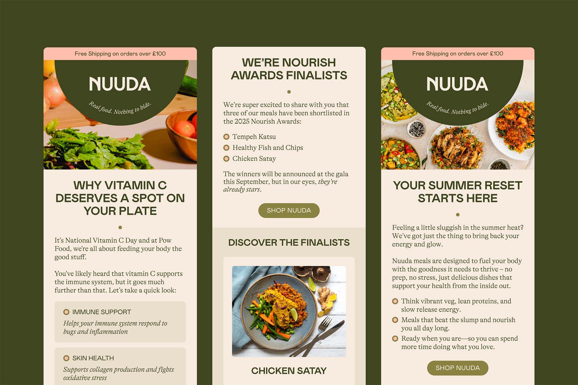 Nuuda newsletter design featuring product benefits and award announcements
