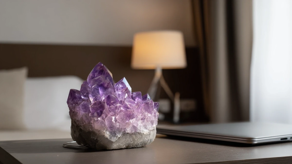 Amethyst cluster on nightstand in dim bedroom