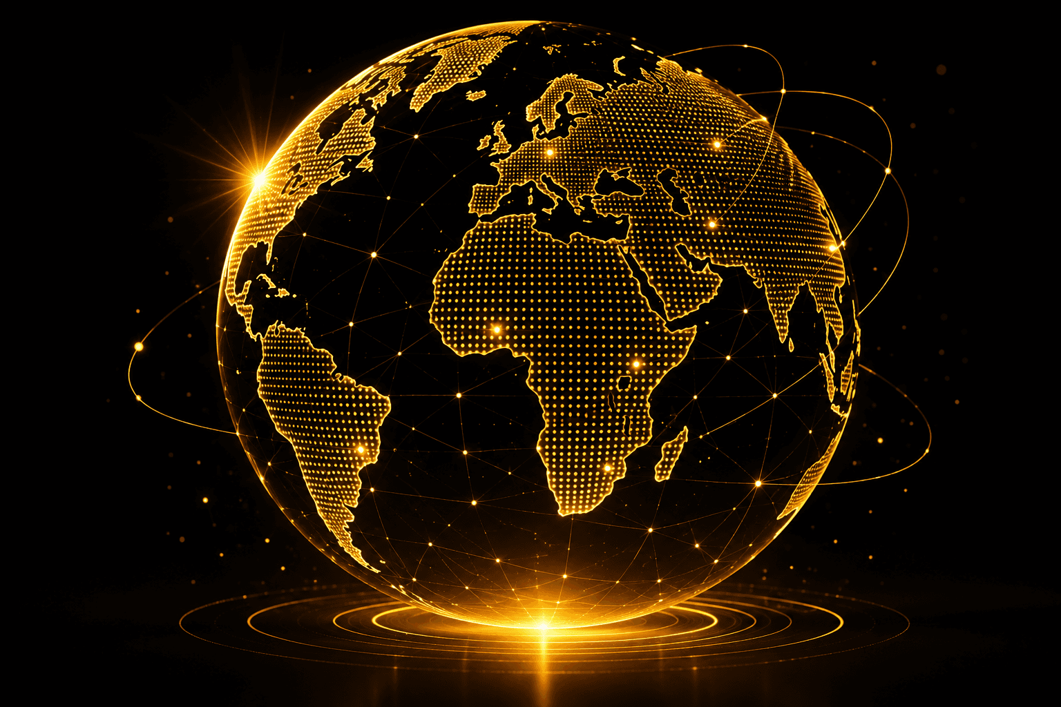 Golden digital globe representing international market expansion, global trade connectivity, logistics coordination, regulatory readiness, and cross-border business growth across multiple regions.