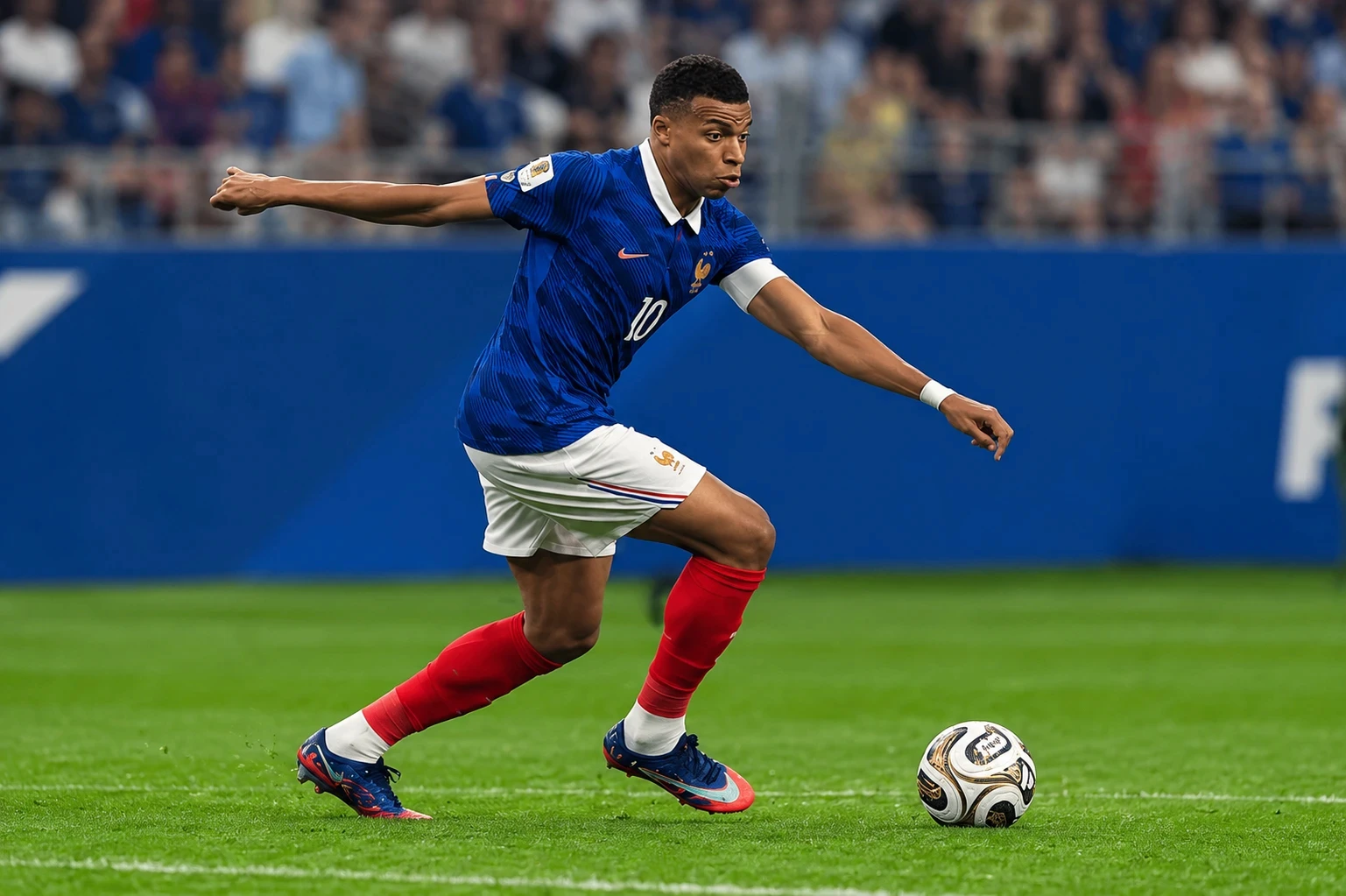 Kylian Mbappé in a France shirt dribbling the ball