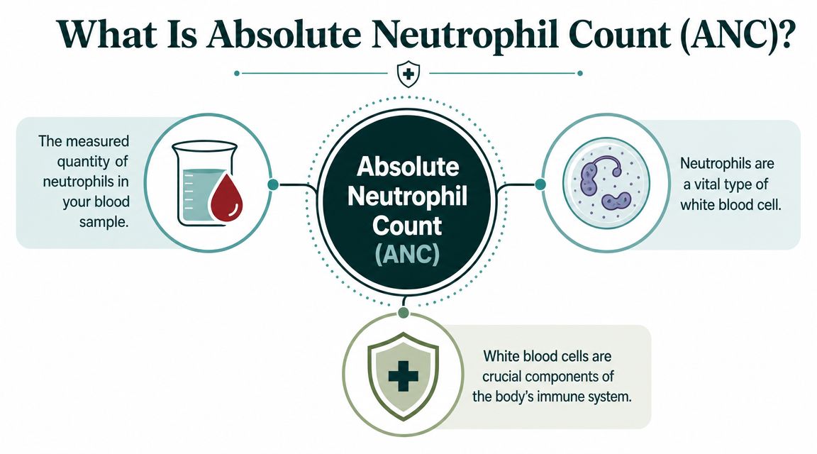 An infographic explaining Absolute Neutrophil Count as the quantity of vital immune system white blood cells.