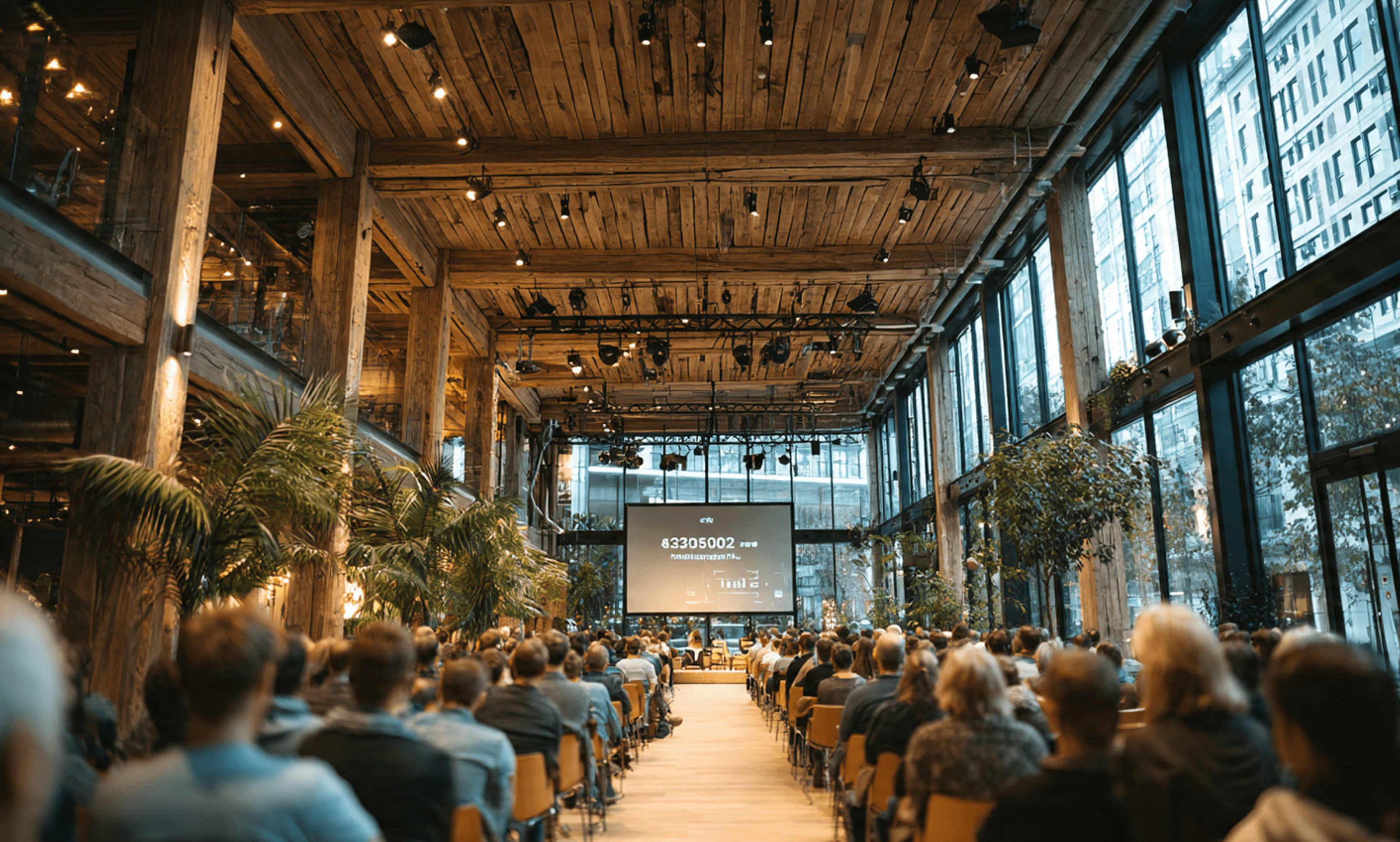 A large audience attending a seminar in an industrial-style hall with a high wooden ceiling.