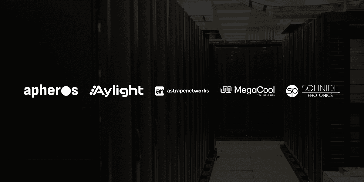 Apheros, Aylight, Astrape Networks, MegaCool and Solinide Photonics logos over a data centre aisle