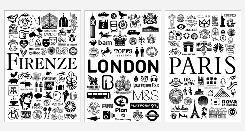 three posters with black shapes