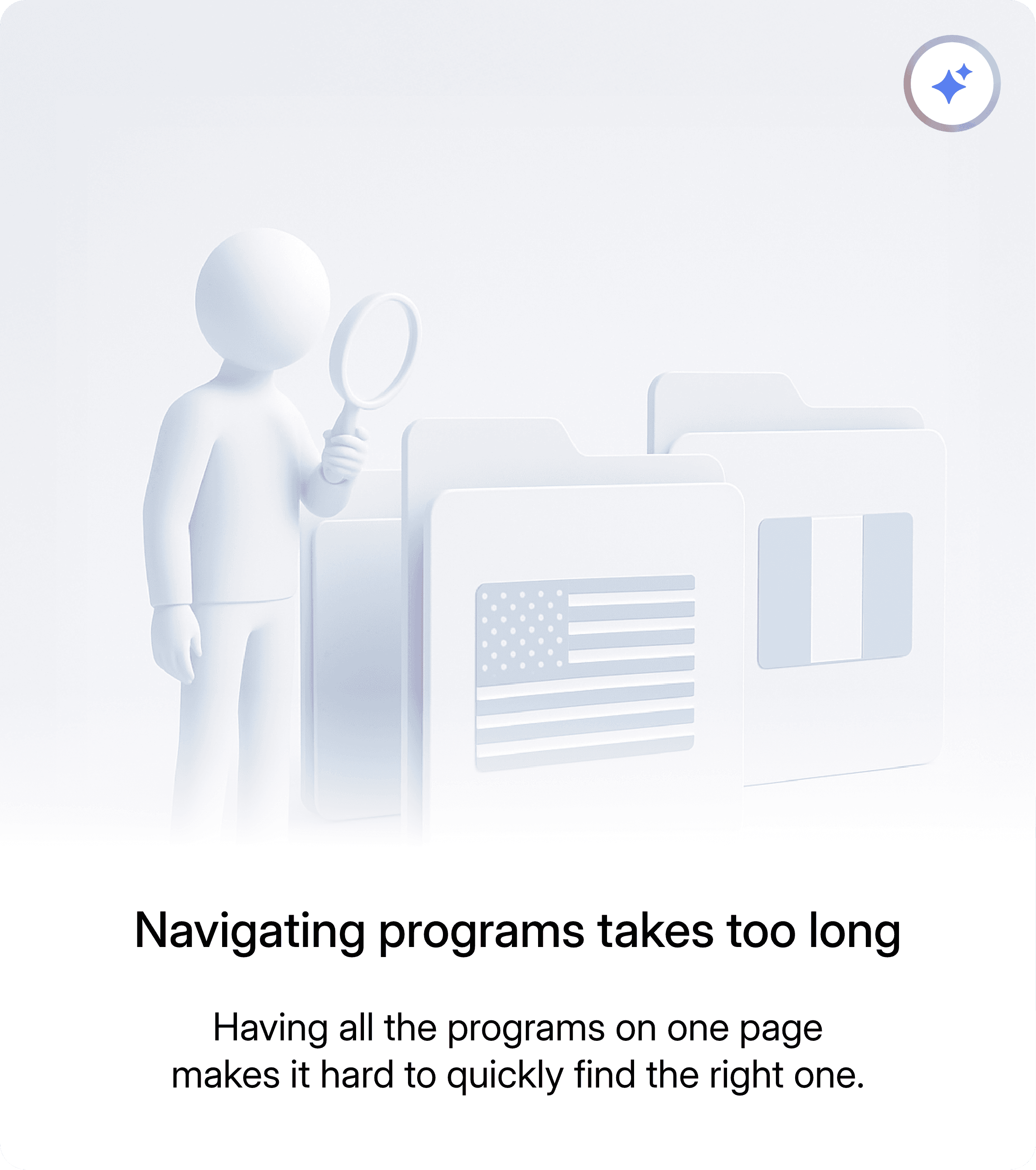 3D figure holding a magnifying glass next to two folders with US and French flags, symbolizing difficulty in navigating programs.