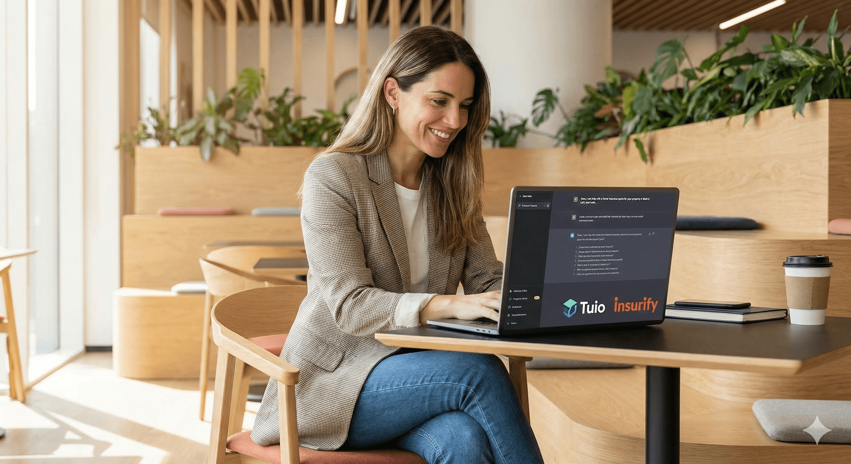 A woman in a beige blazer is sitting at a modern cafe table, smiling as she engages with a ChatGPT interface on her laptop, beside a disposable coffee cup, surrounded by wooden decor and vibrant green plants.