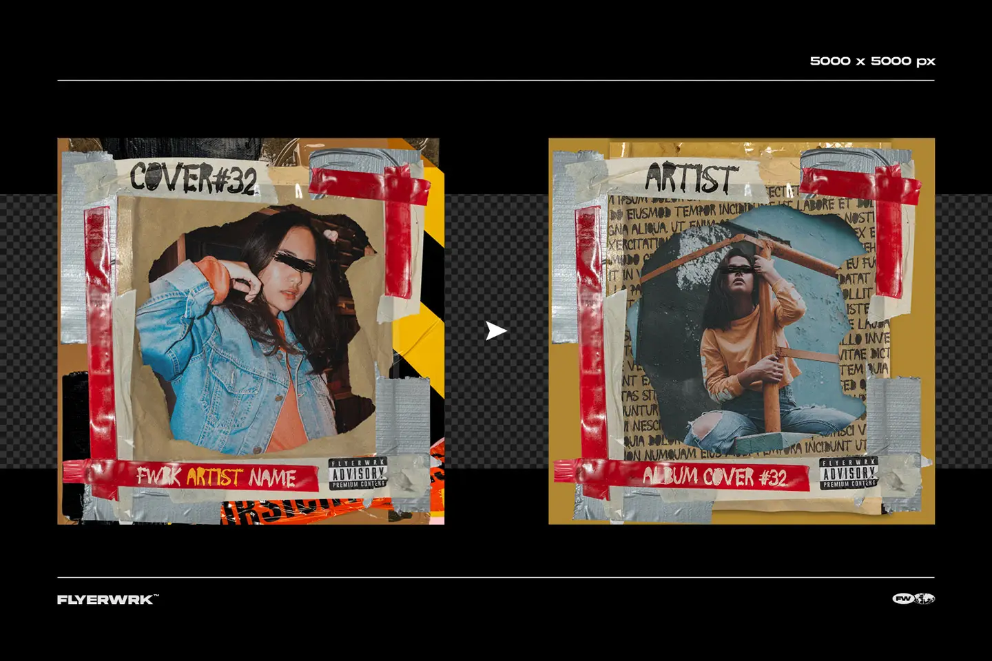 Two variations of a collage style cover design template with industrial hazard tape elements