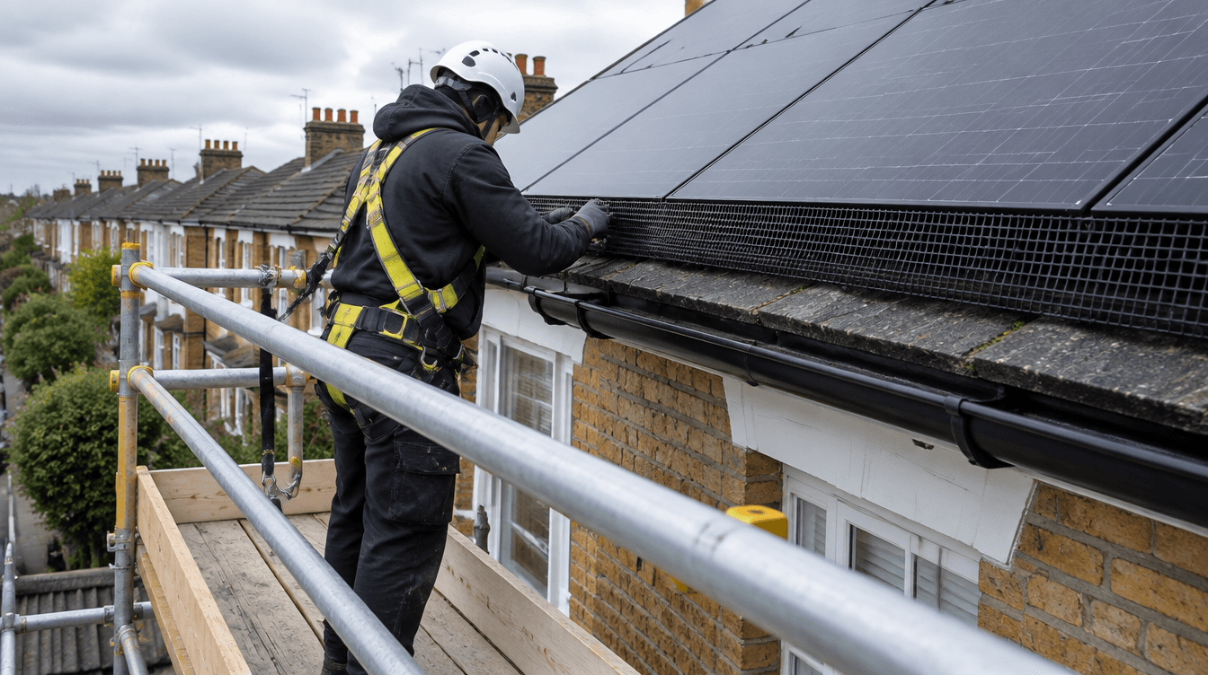 A roofer in a harness and helmet on a scaffold with guard rails, fitting mesh along the lower edge of a solar array.