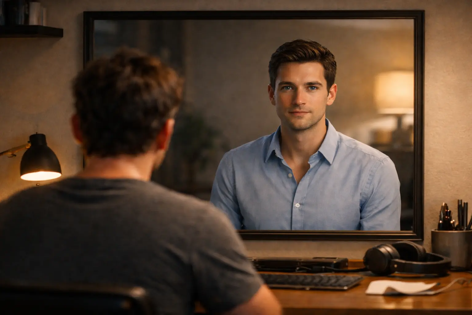 Person facing a mirror where a realistic digital human avatar reflects back, symbolizing digital identity and AI transformation