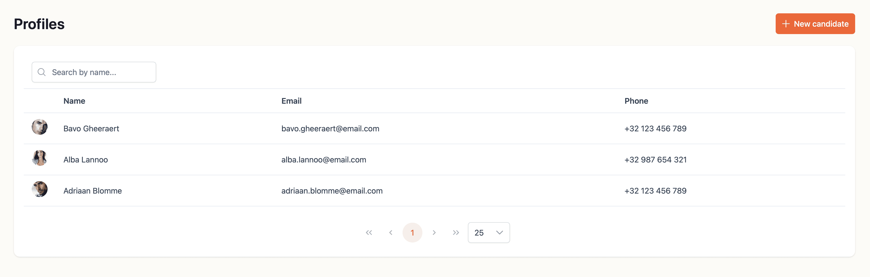A screenshot of the Candidates page, with 3 candidates in the database.