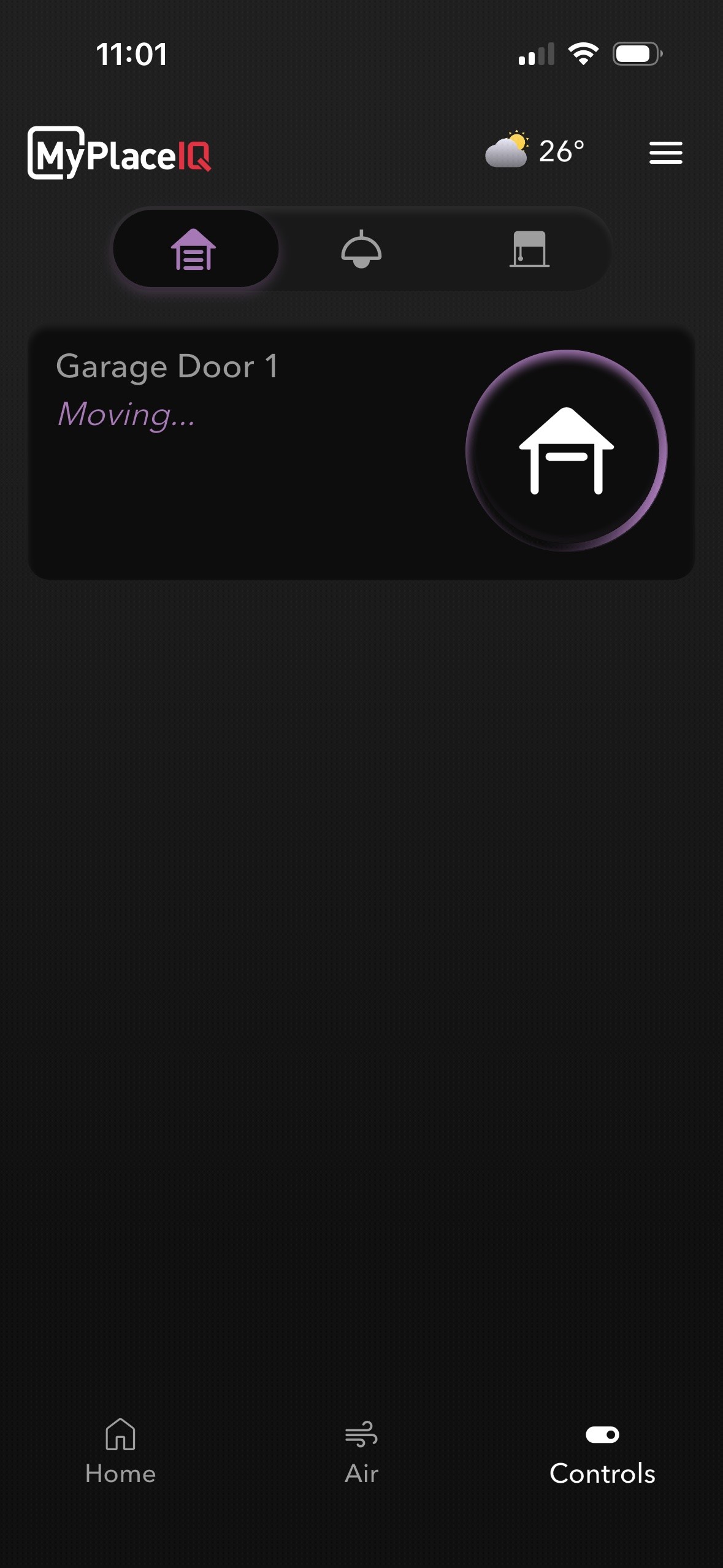 MyPlaceIQ app showing secure garage door control with live status, instant alerts and remote access from anywhere.
