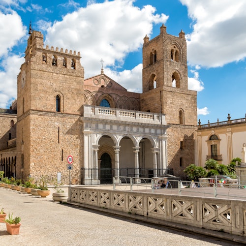 Historic stone cathedral with twin towers, arched entranceway, and surrounding potted plants on a sunny day with blue sky.