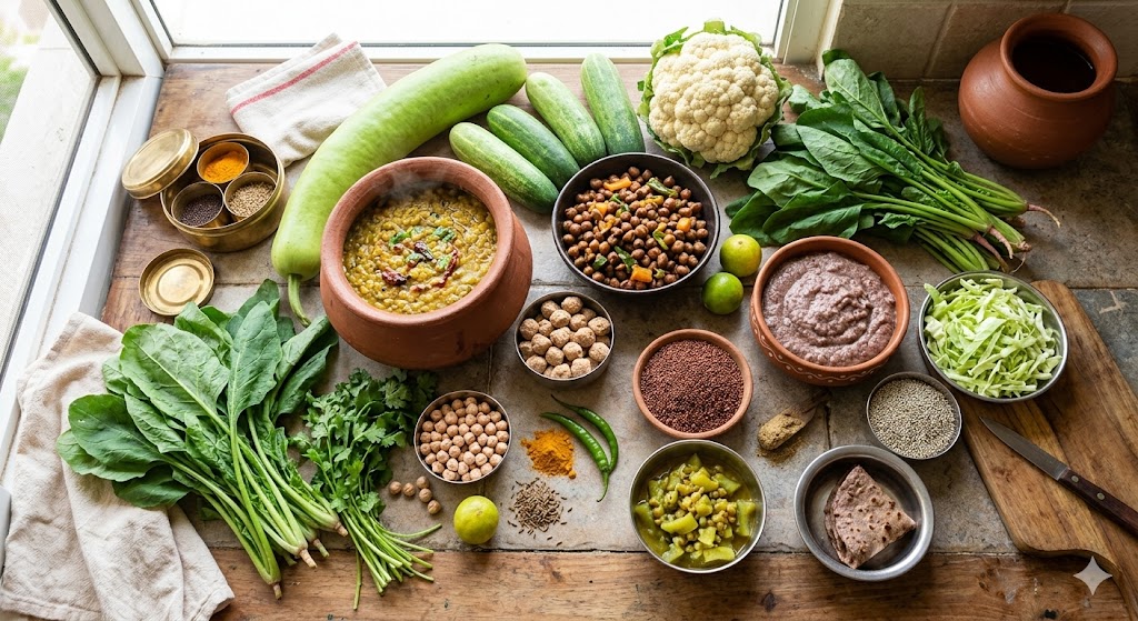 A top-down view of a rustic wooden kitchen counter filled with fresh, low-calorie Indian vegetarian ingredients and cooked dishes. Includes bottle gourd (lauki), cucumbers (kheera), spinach (palak), cauliflower (gobi), cabbage, bowls of moong dal, black chana, soya chunks, and grains like ragi and bajra, arranged with clay pots, steel bowls, and natural daylight for an authentic home-style feel.