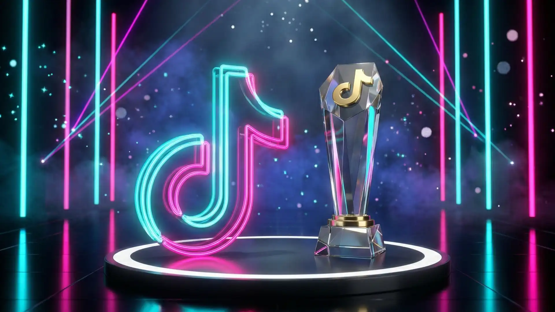 3D neon TikTok logo and crystal trophy on a futuristic stage representing the inaugural US Awards ceremony.