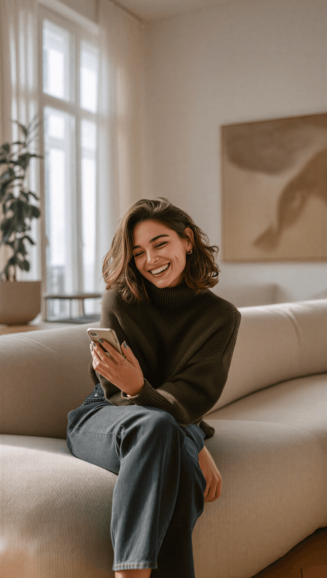 Woman using phone on sofa