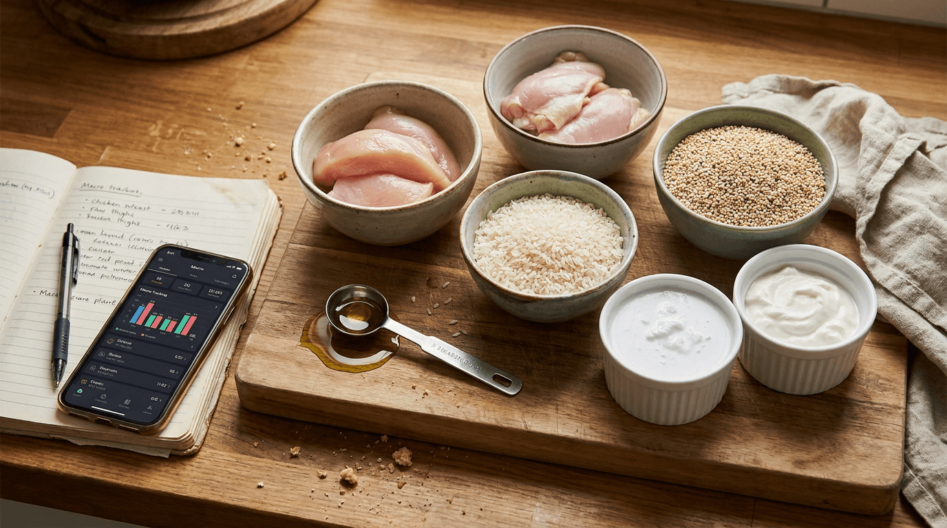 Home kitchen counter with ingredient swaps and macro tracking app for how to track macros