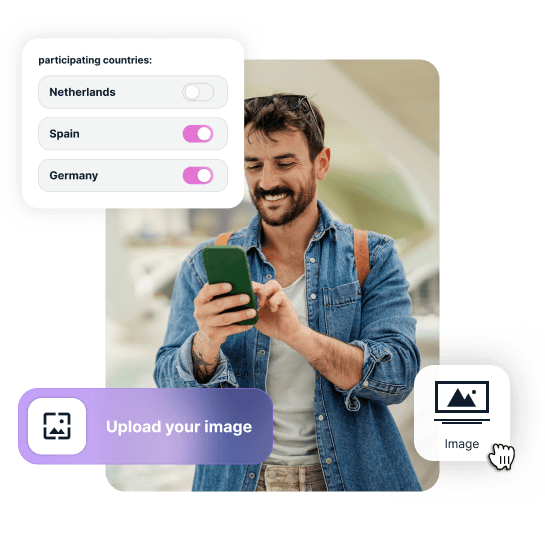 Man on a bus checking his phone with an unlocked speaker reward and points earned overlay