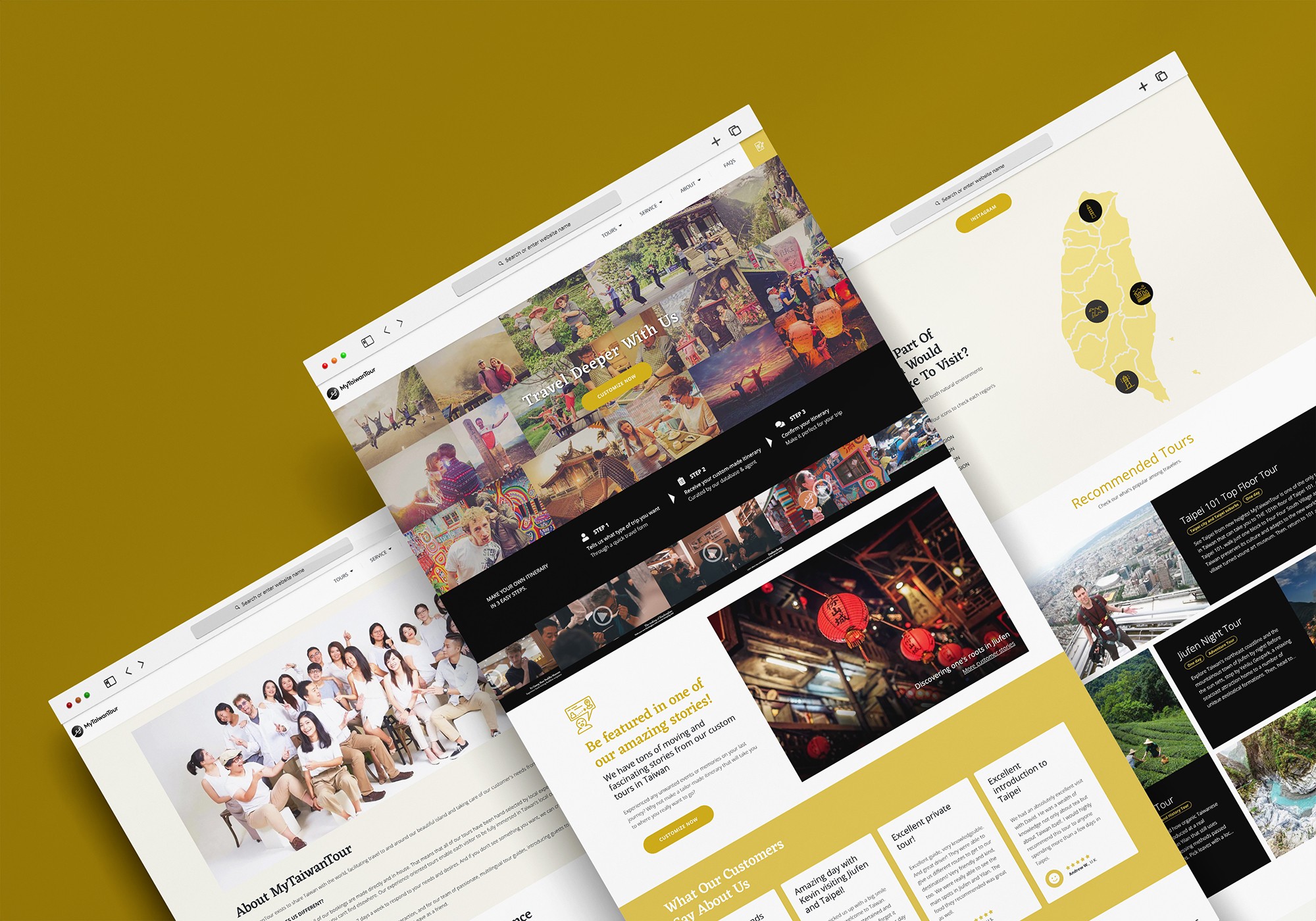 這張圖像展示了 MyTaiwanTour 的網站設計,包含多個頁面的截圖。左邊是關於 MyTaiwanTour 的介紹頁面,中間是展示不同旅遊活動的頁面,右邊是推薦行程的頁面,背景為深黃色。