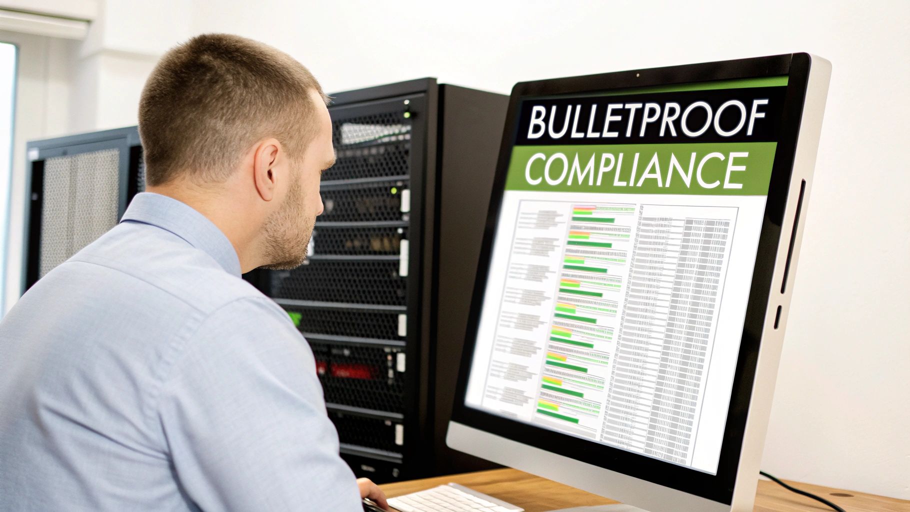 IT professional examines 'Bulletproof Compliance' report on a monitor in a data center.