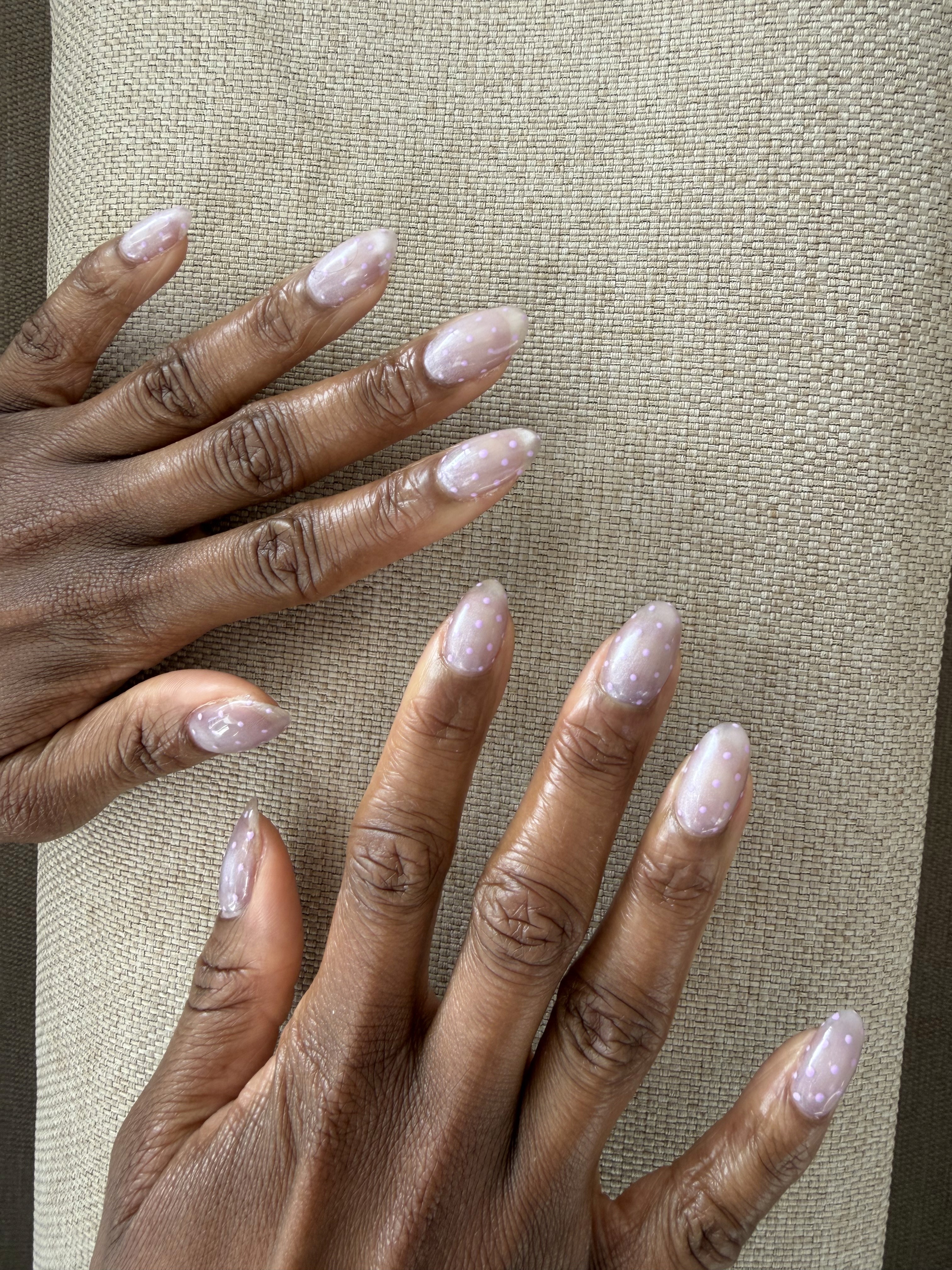 Long almond lilac gel nails with white polka dot nail art, Brava Nails Berlin Prenzlauer Berg