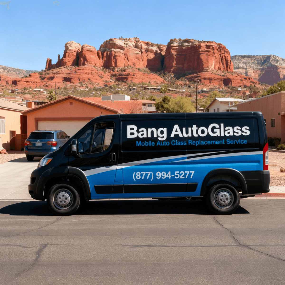 Bang AutoGlass van framed by Sedona's famous red rock formations while servicing a customer's windshield on location
